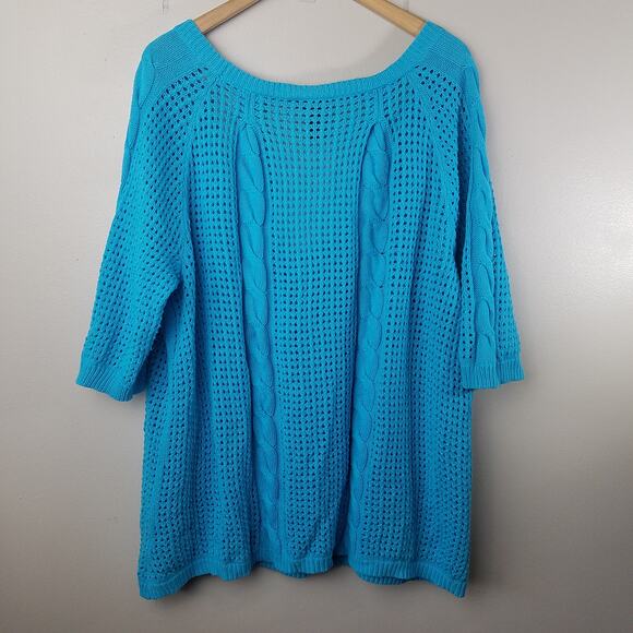 Lane Bryant Sweater Teal Open Knit V Neck 3/4 Sleeve Top Size 22/24 - Picture 4 of 11